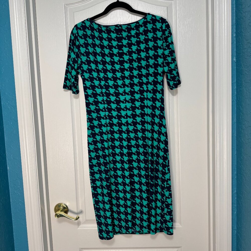 Anne Klein Houndstooth Sheath Dress Ruched Career Cocktail Teal Blue 8 - Picture 5 of 6